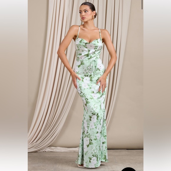 vineyard vines green dress Maddie Light Green Floral Print Satin Cowl-Neck Maxi Dress – Club L London